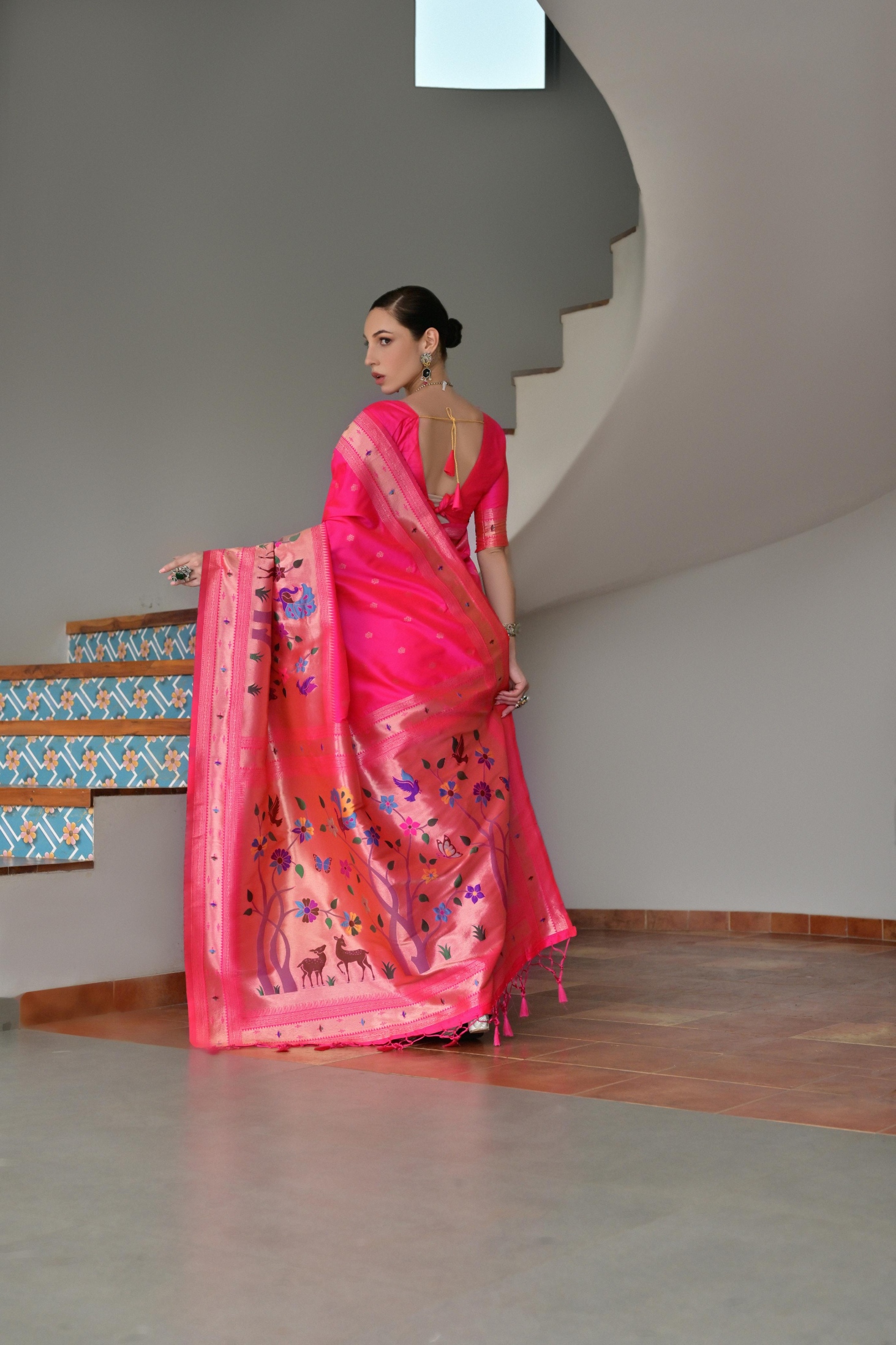 Pink Floral Woven Banarasi Silk Saree — alternate view