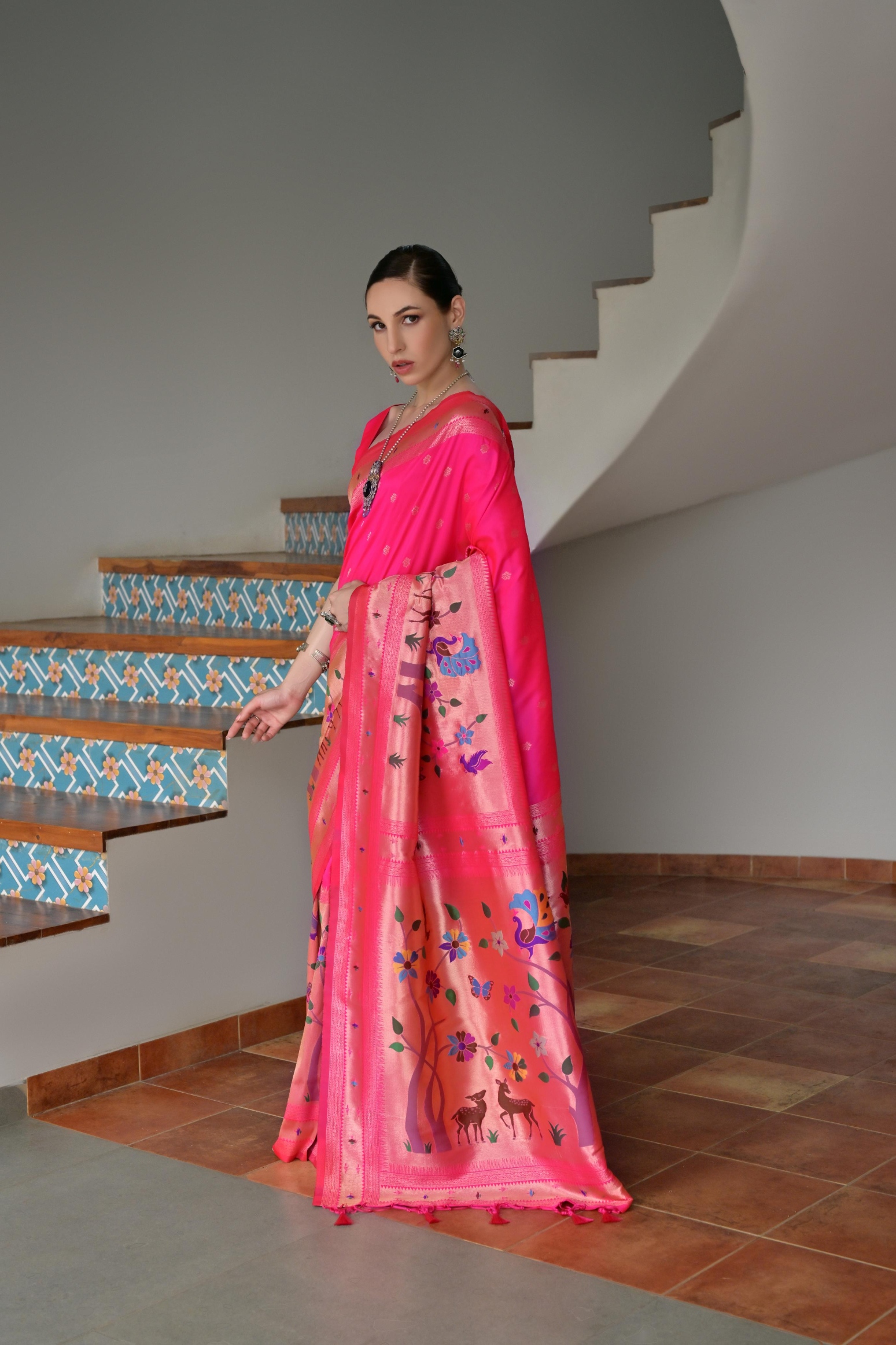 Pink Floral Woven Banarasi Silk Saree