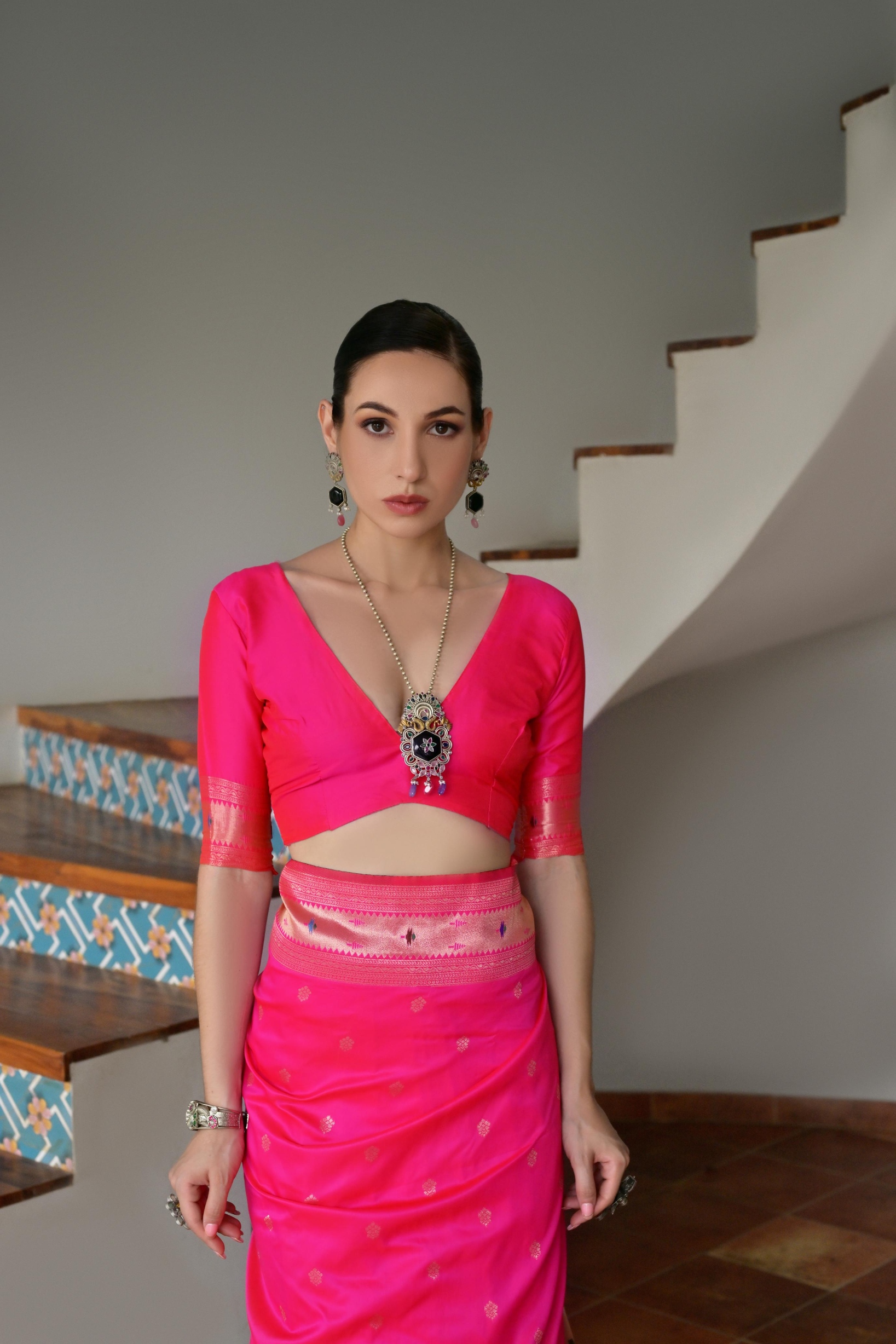 Pink Floral Woven Banarasi Silk Saree