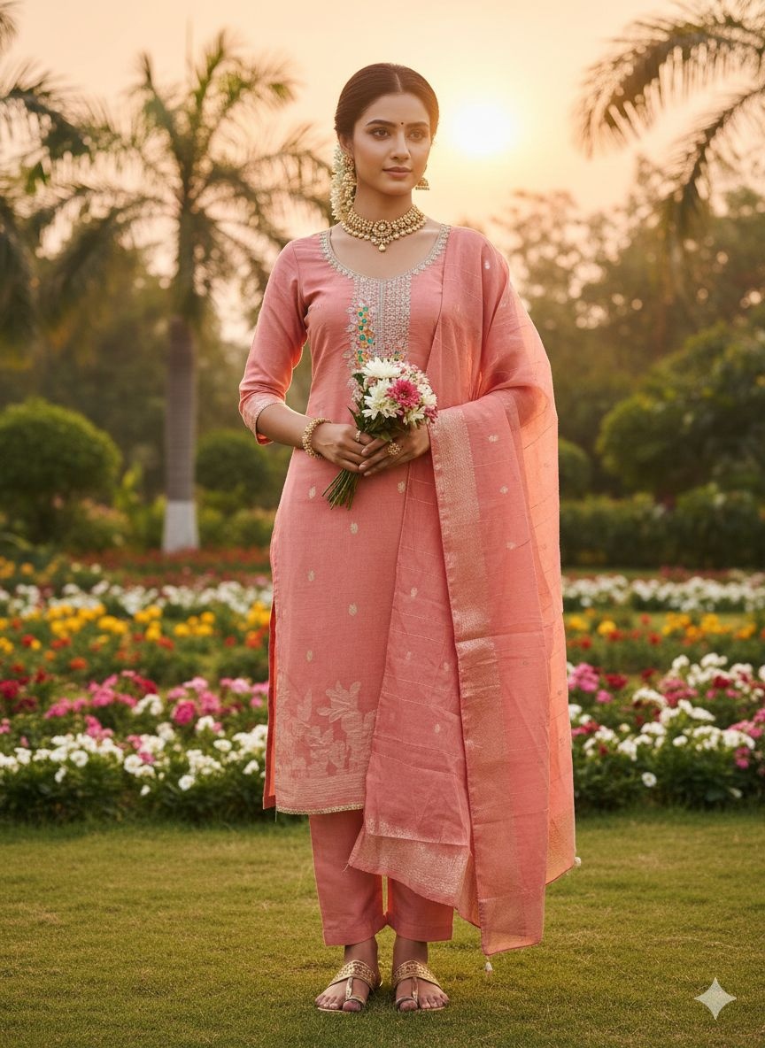 Pink Floral Woven Dani Cotton Salwar Suit