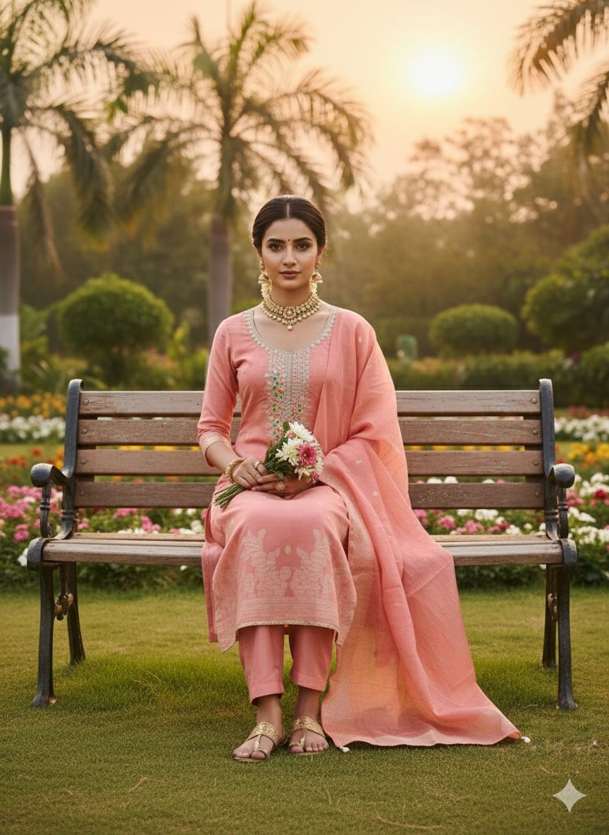 Pink Floral Woven Dani Cotton Salwar Suit — alternate view