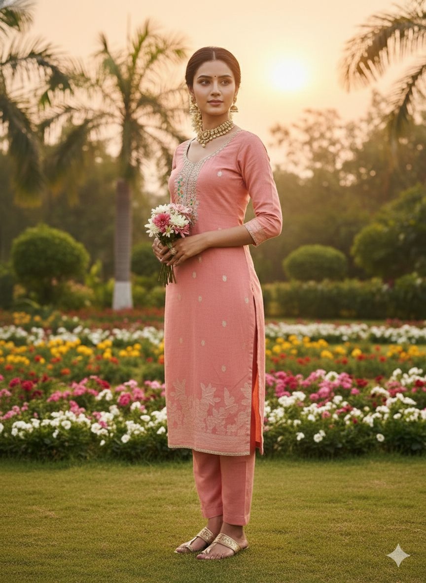 Pink Floral Woven Dani Cotton Salwar Suit