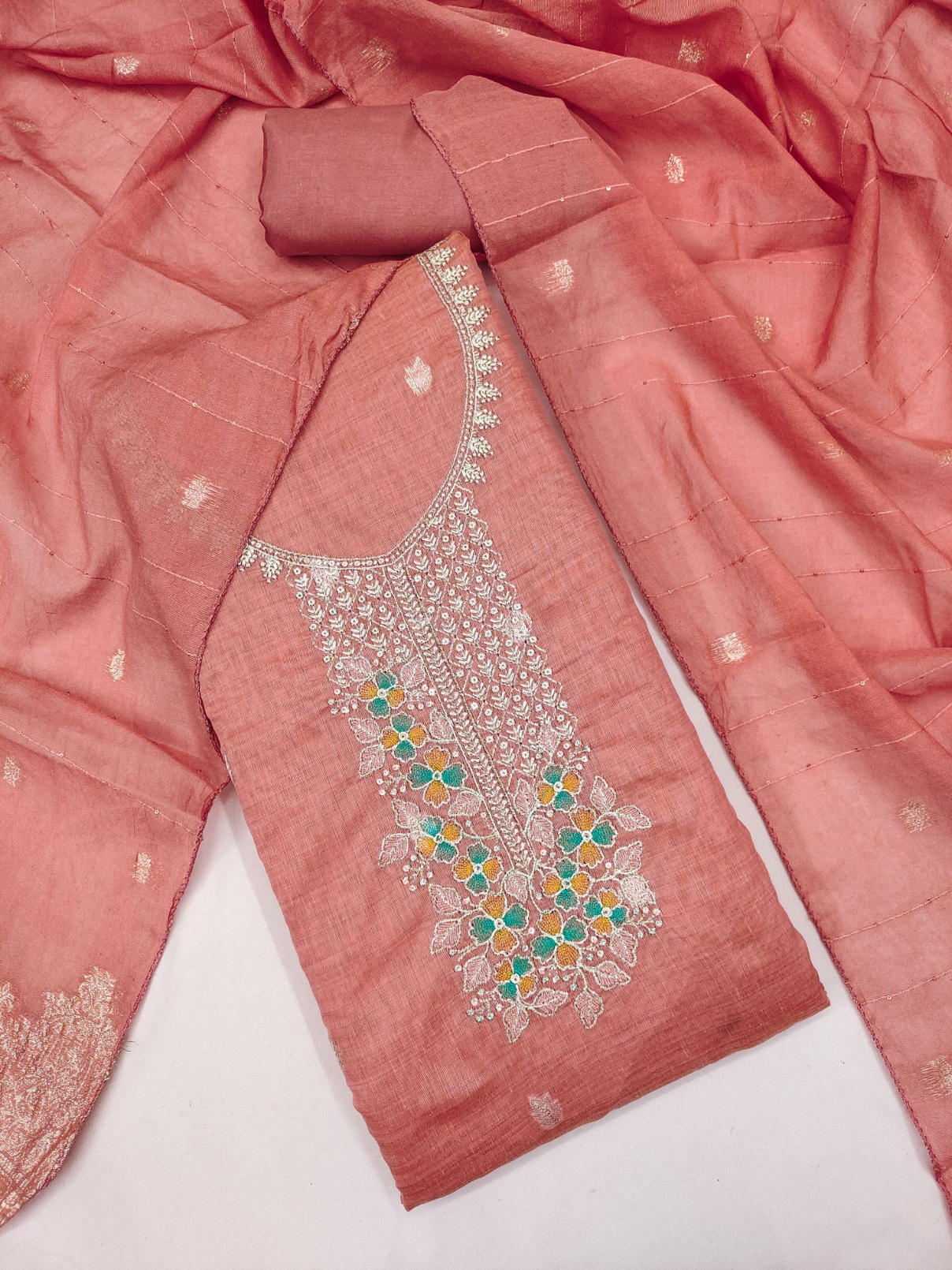 Pink Floral Woven Dani Cotton Salwar Suit