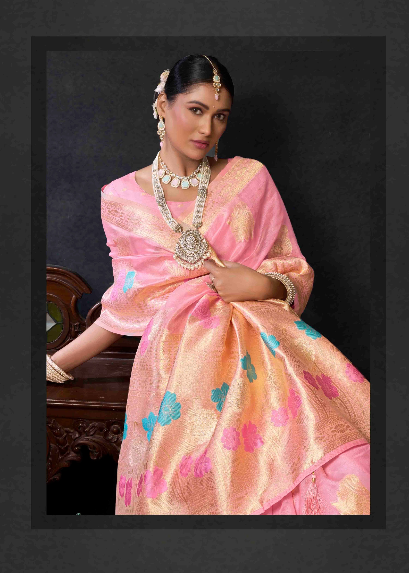Pink Floral Woven Designer Organza Khadi Saree — alternate view