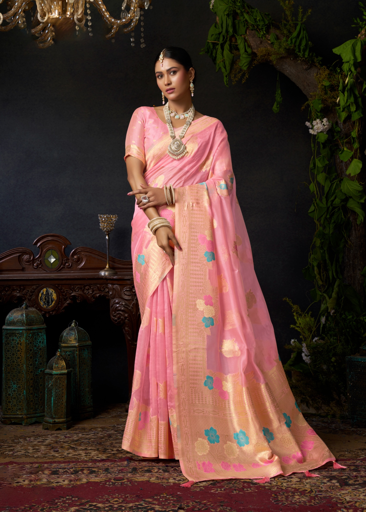 Pink Floral Woven Designer Organza Khadi Saree