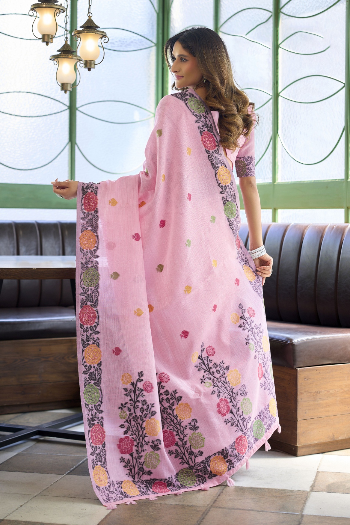 Pink Floral Woven Jacquard Handloom Linen Saree — alternate view