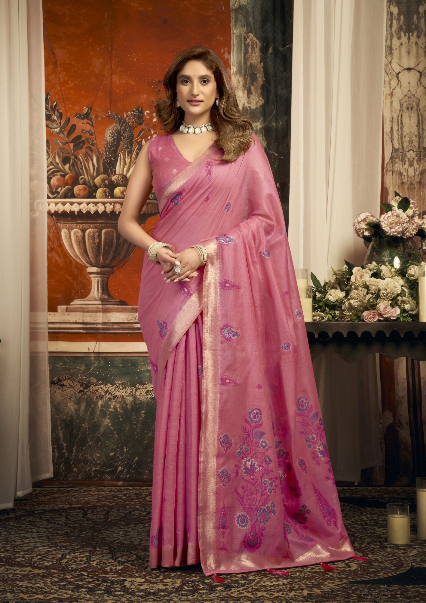 Pink Floral Woven Puri Cotton Saree