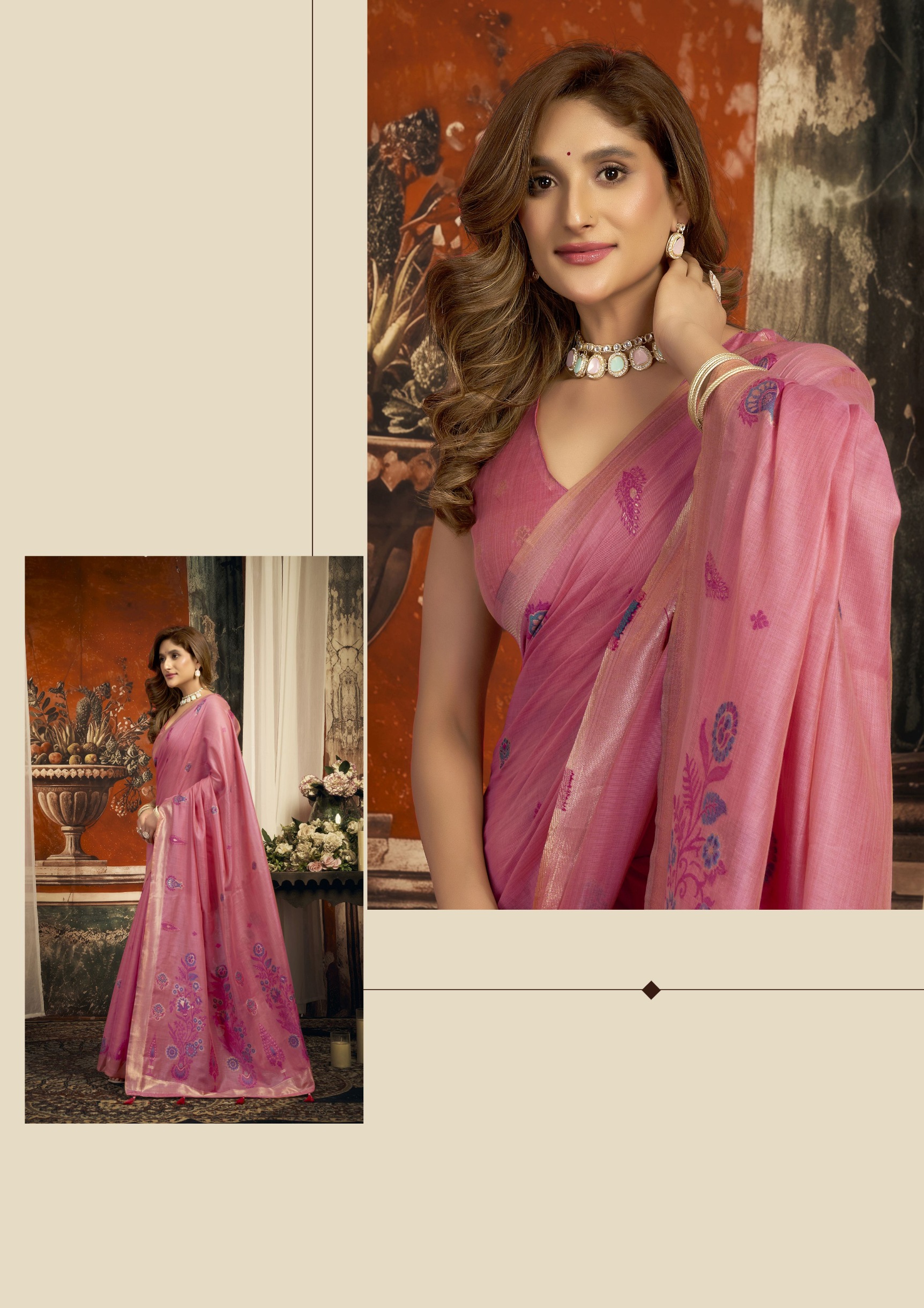 Pink Floral Woven Puri Cotton Saree