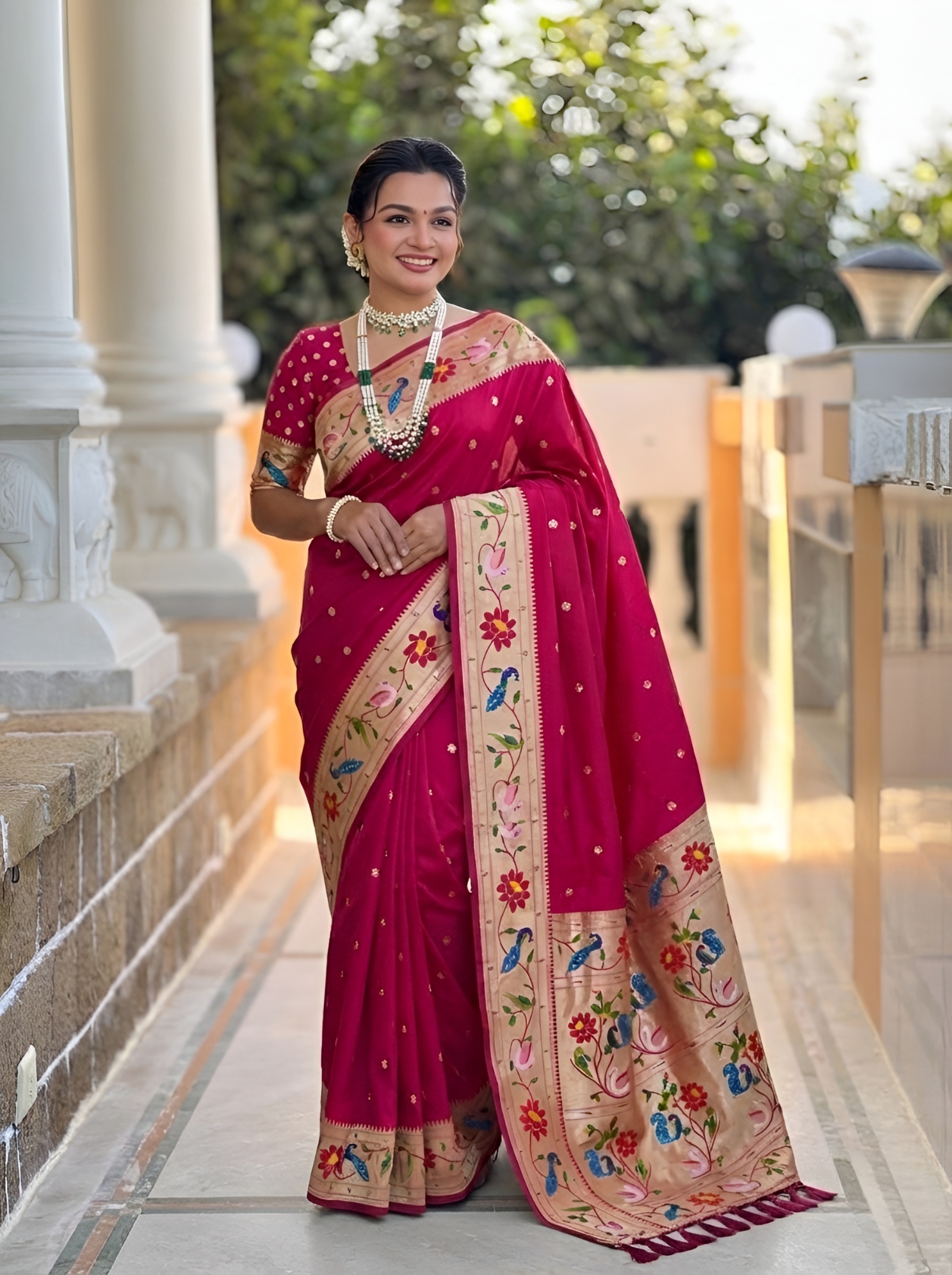 Pink Floral Woven Silk Saree