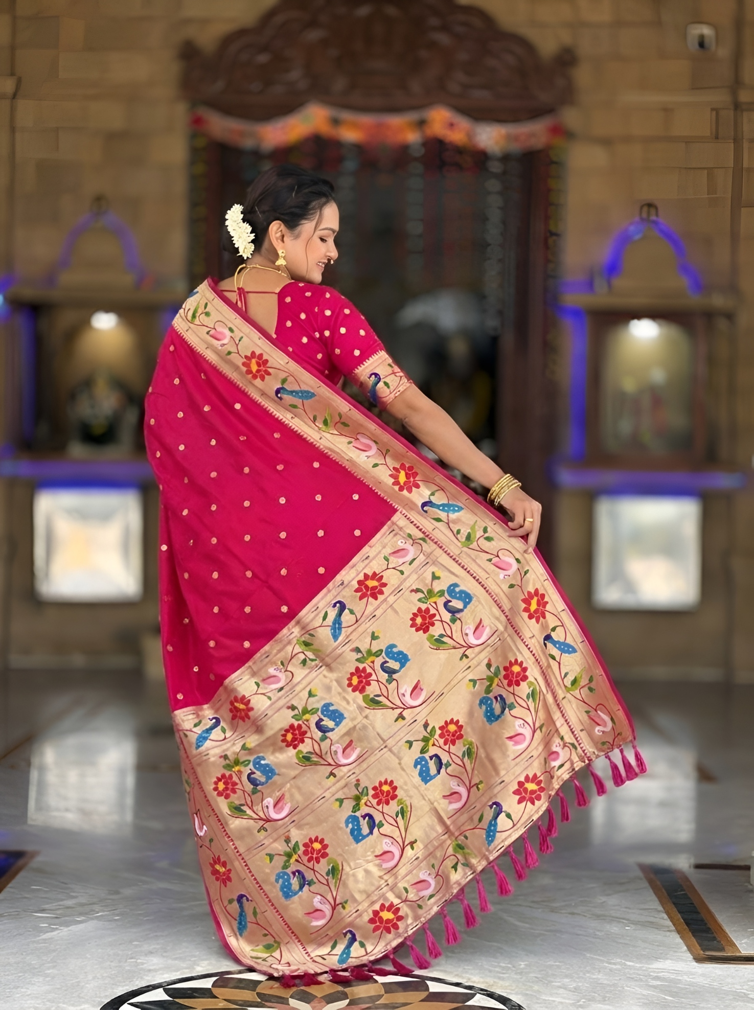 Pink Floral Woven Silk Saree — alternate view