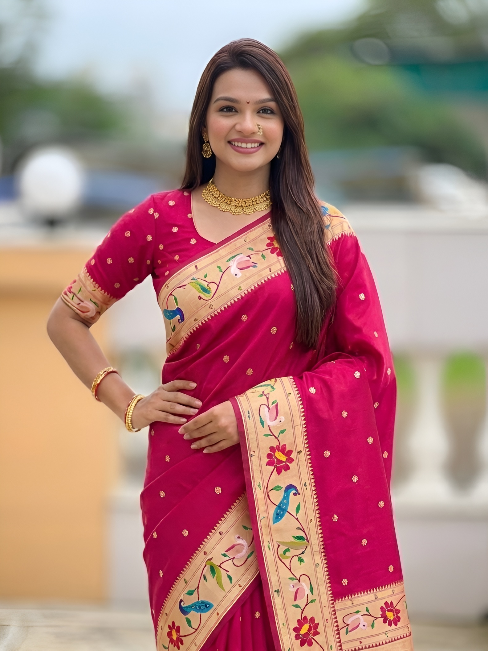 Pink Floral Woven Silk Saree