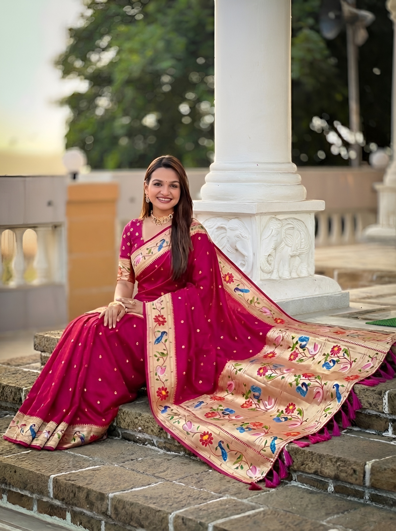 Pink Floral Woven Silk Saree