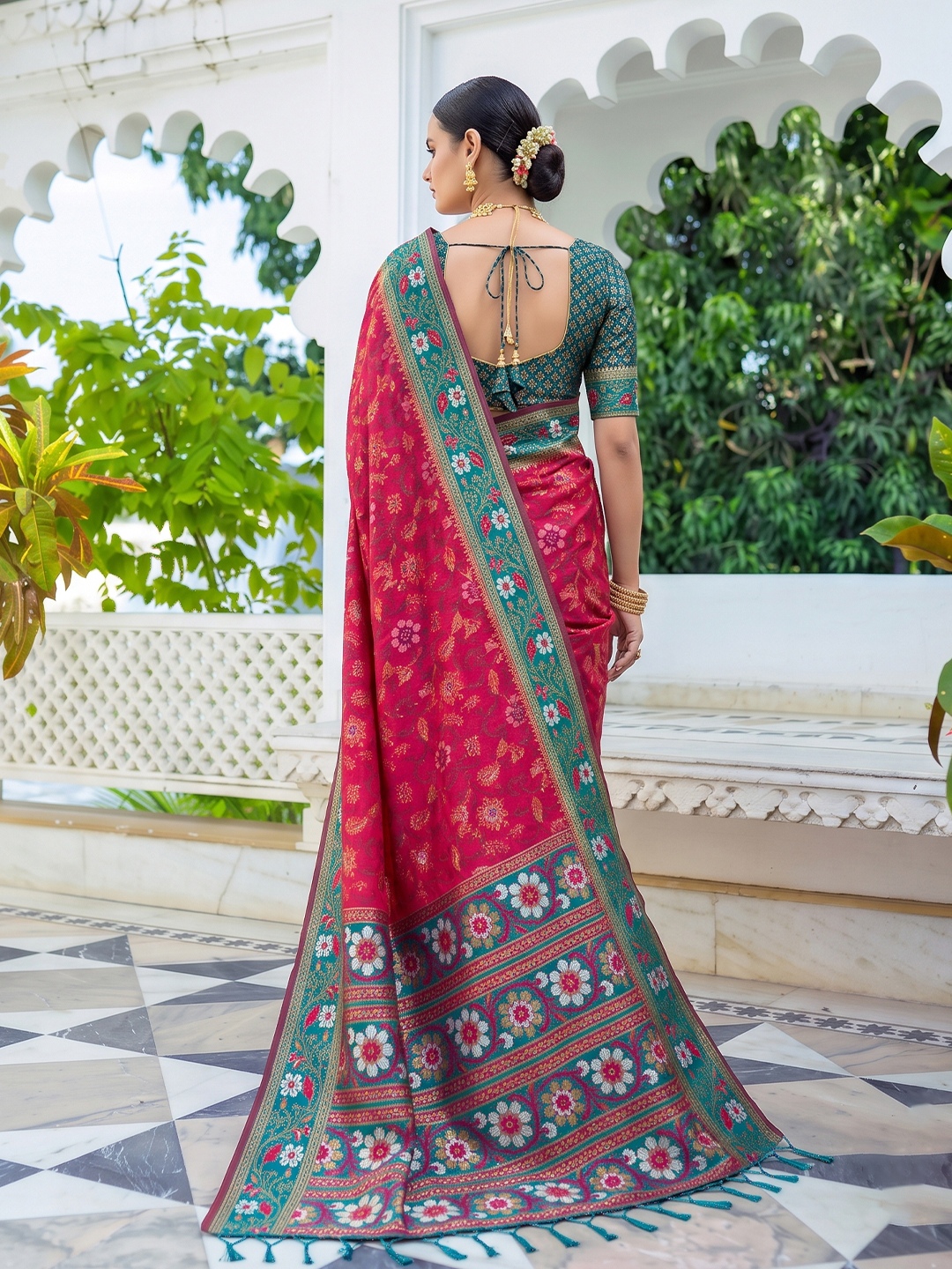 Pink Floral Woven Silk Saree — alternate view