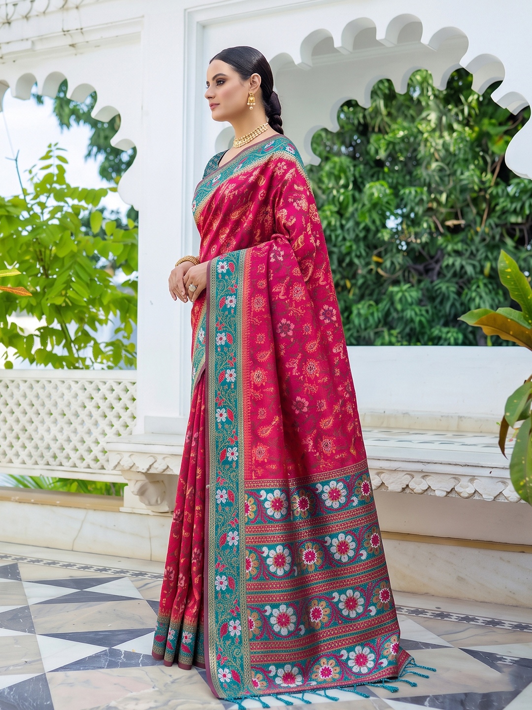 Pink Floral Woven Silk Saree