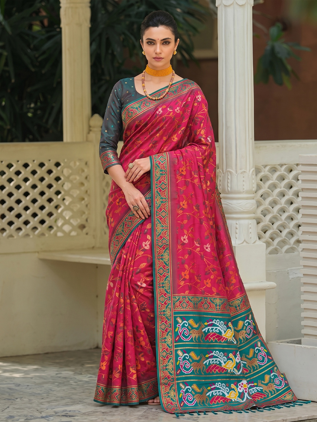 Pink Floral Woven Silk Saree