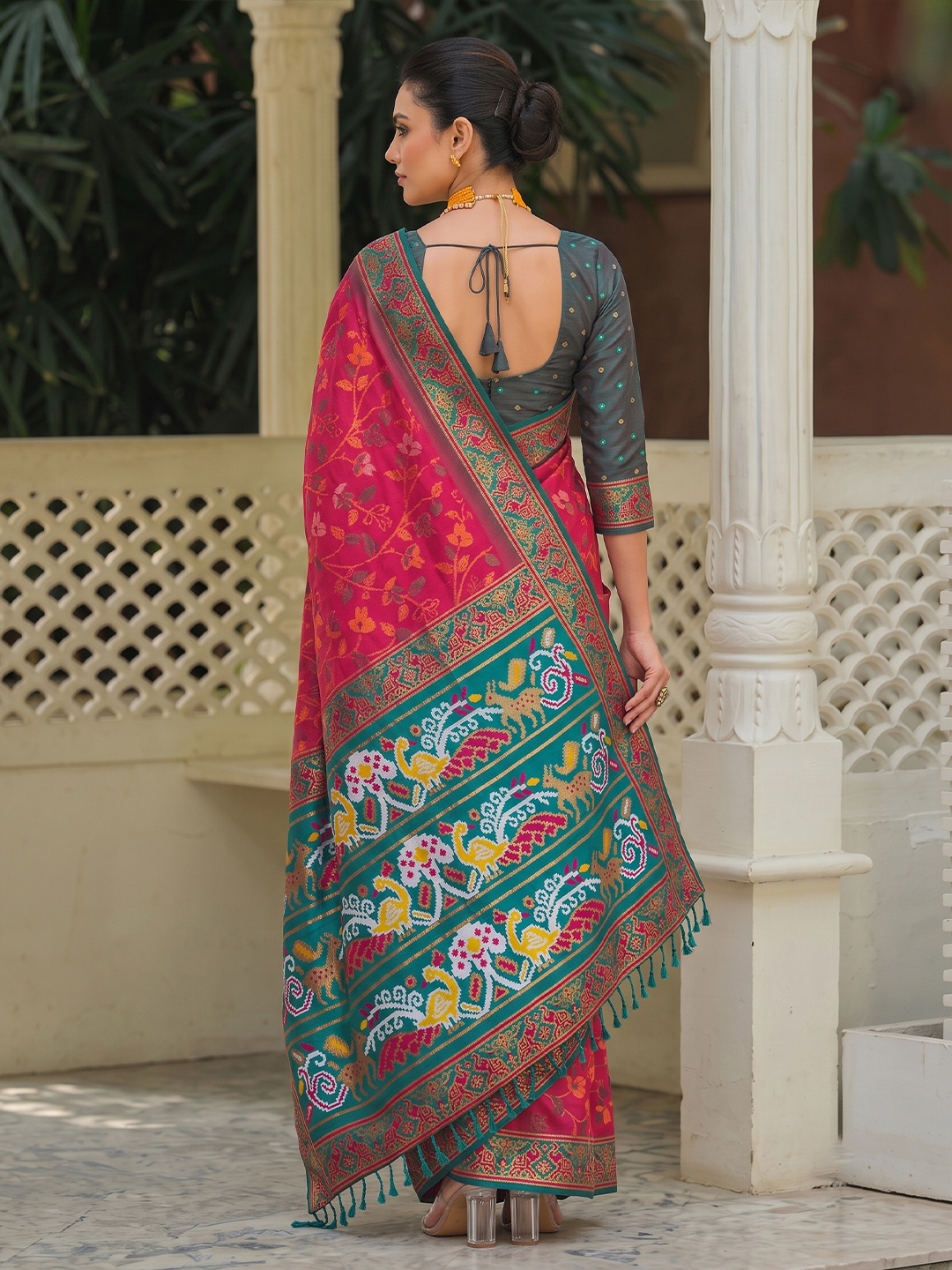 Pink Floral Woven Silk Saree — alternate view