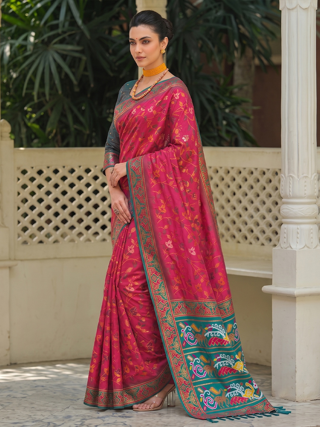 Pink Floral Woven Silk Saree
