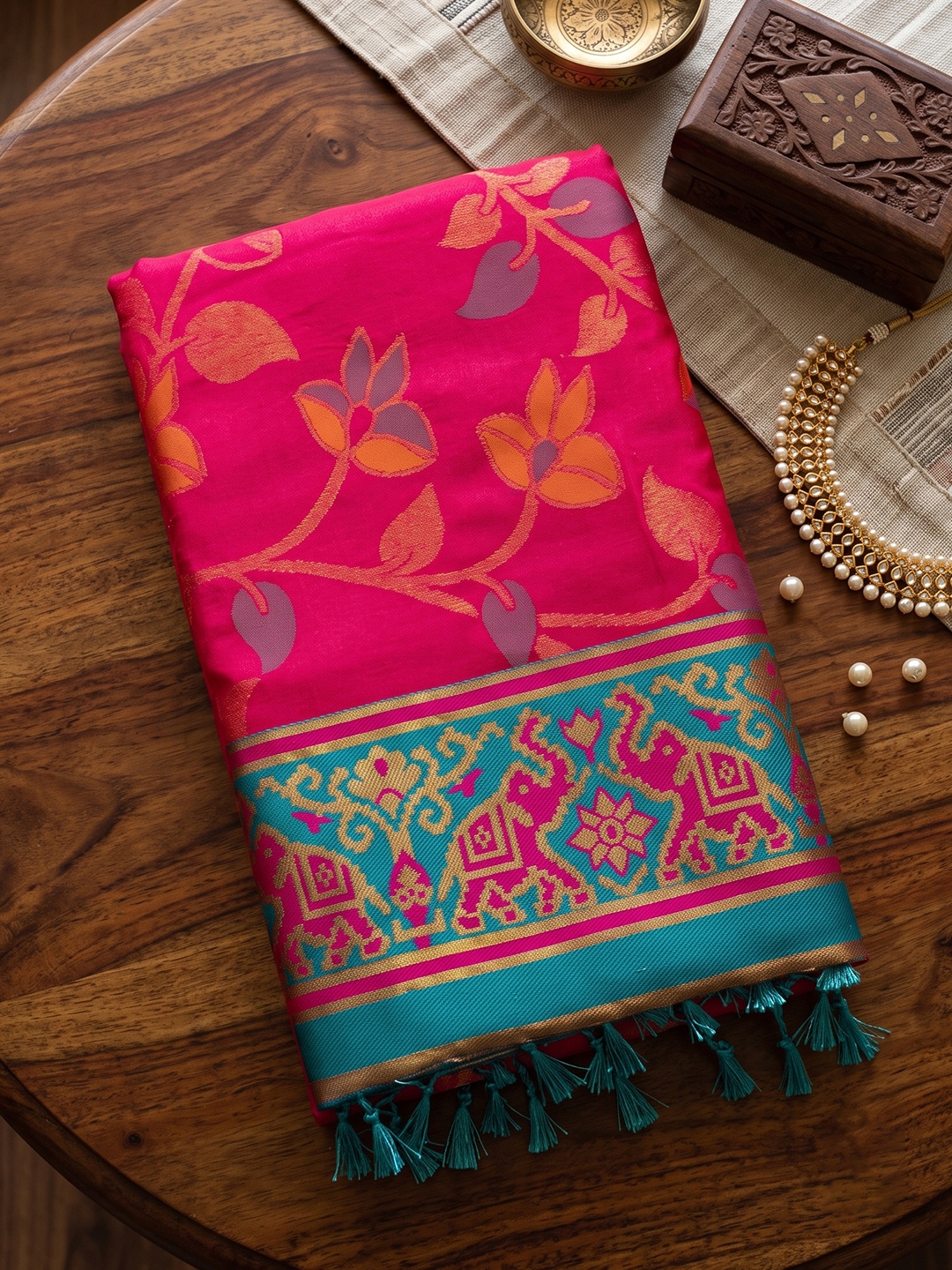 Pink Floral Woven Silk Saree