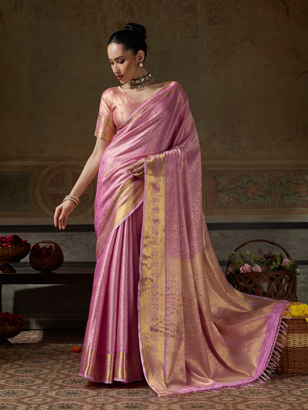 Pink Floral Woven Zari Kanchivaram Silk Saree