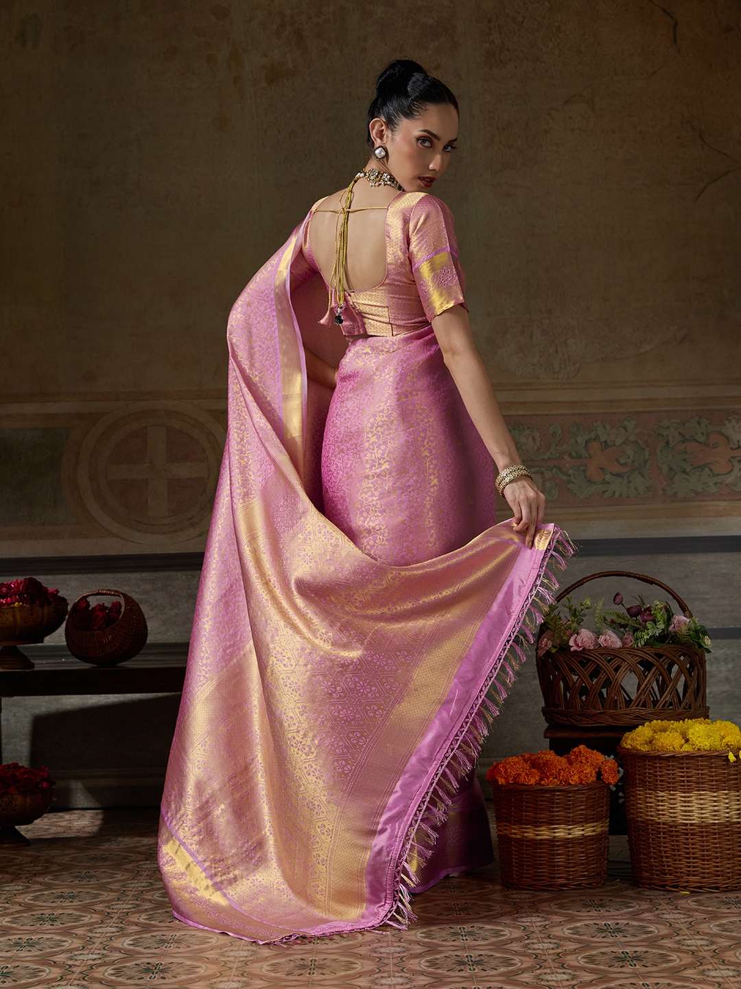 Pink Floral Woven Zari Kanchivaram Silk Saree — alternate view