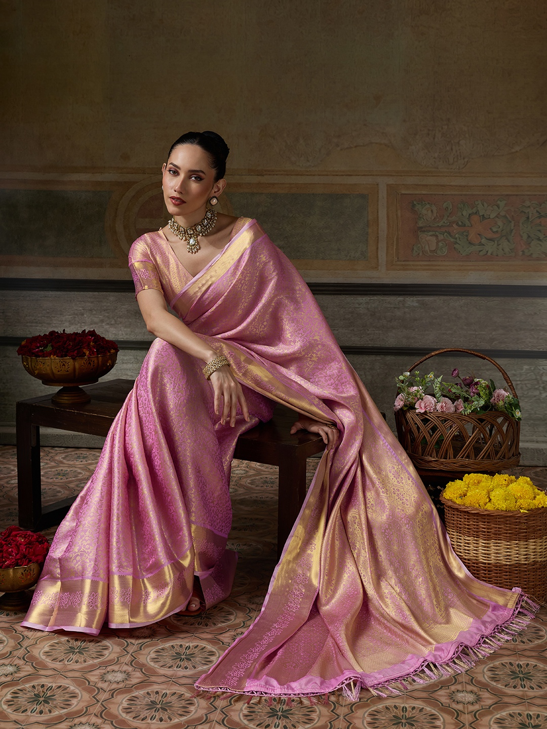 Pink Floral Woven Zari Kanchivaram Silk Saree