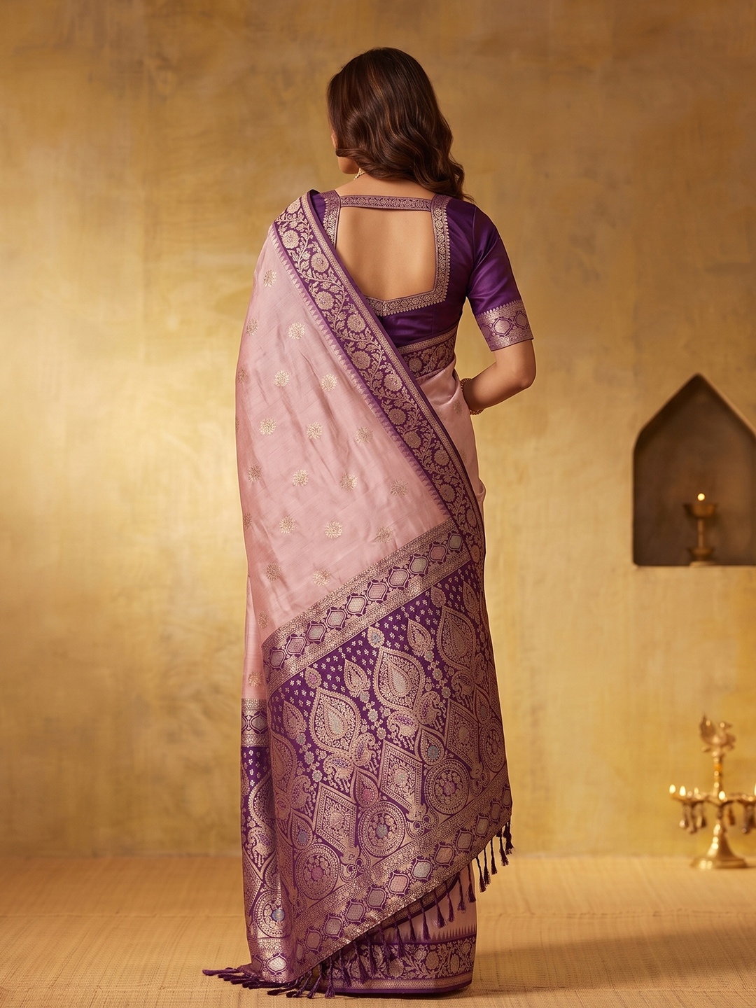 Pink Floral Woven Zari Silk Blend Saree — alternate view