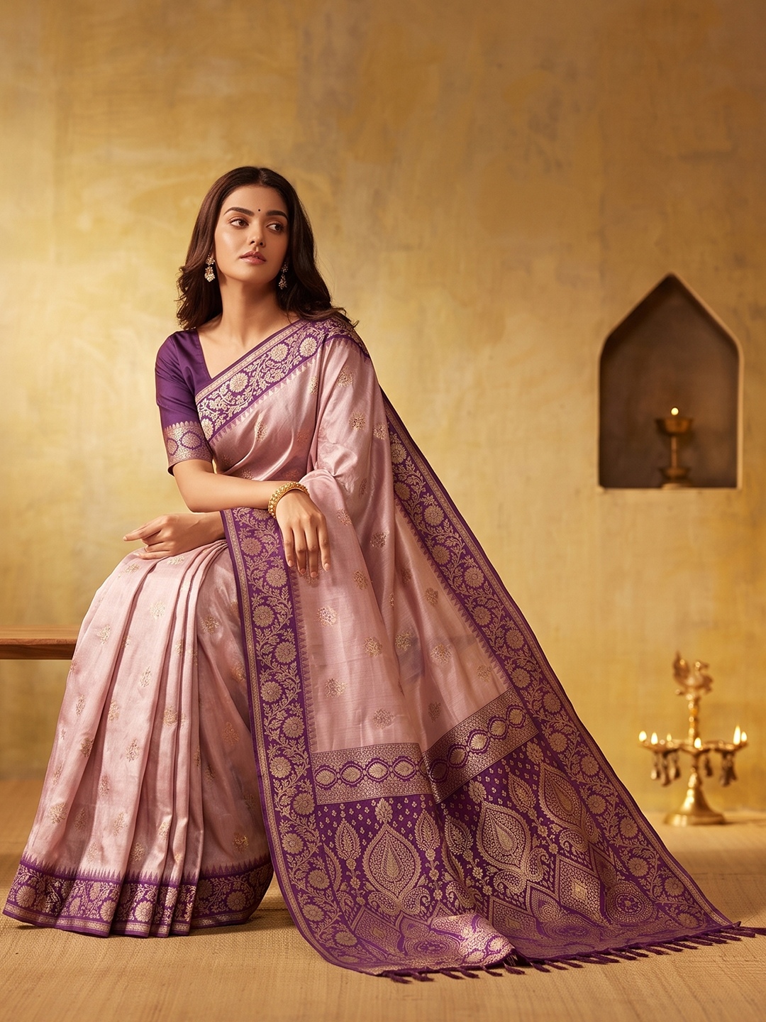 Pink Floral Woven Zari Silk Blend Saree