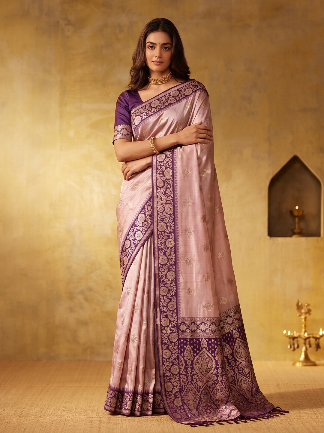 Pink Floral Woven Zari Silk Blend Saree
