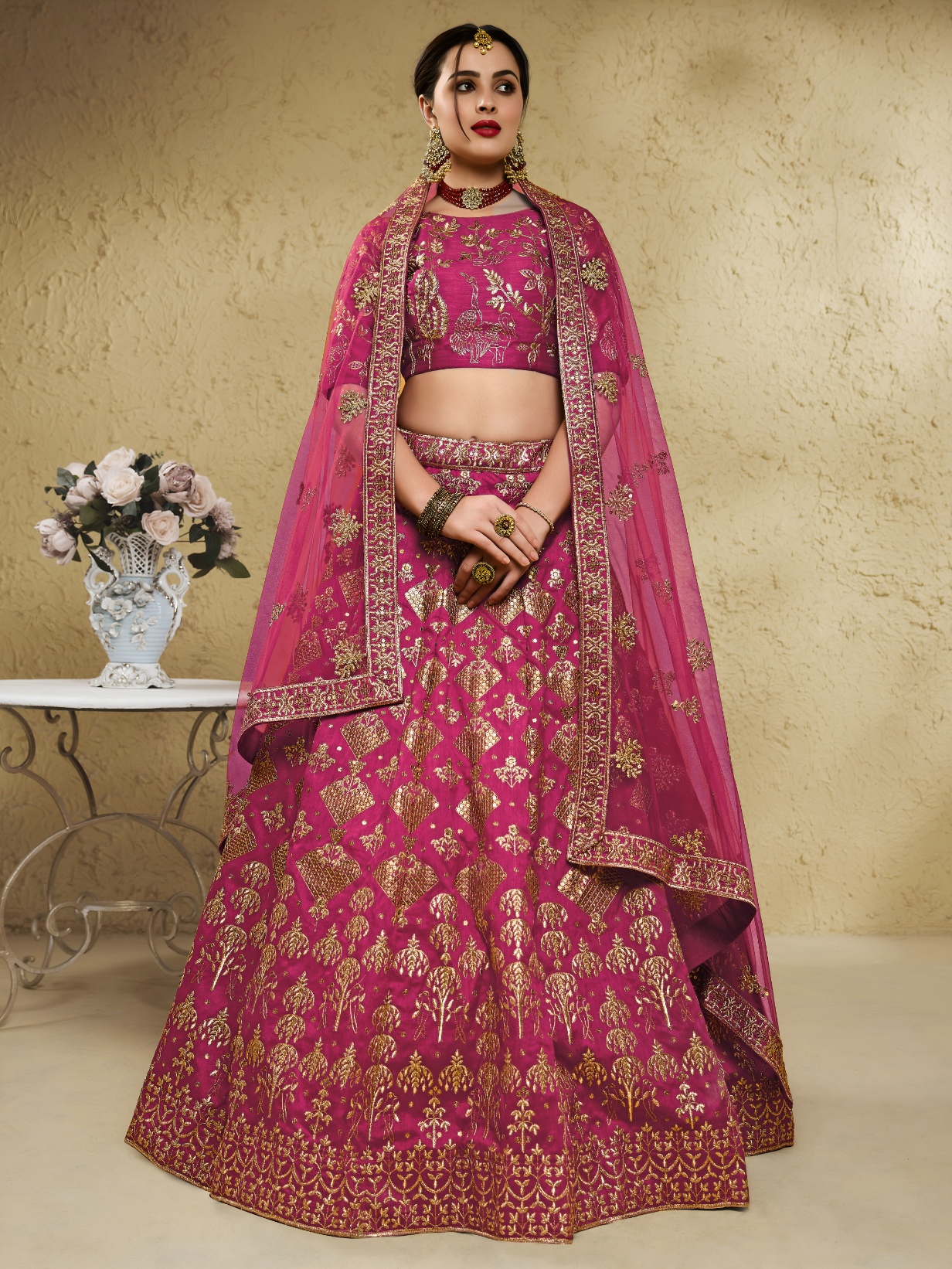 Pink Floral Zari Art Silk Bridal Lehenga Choli