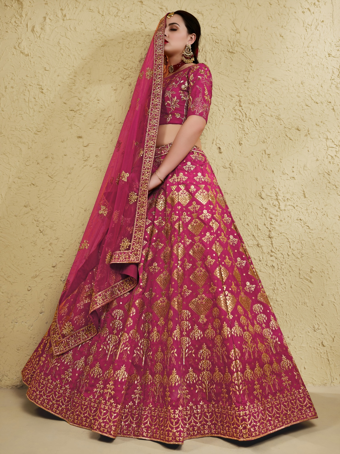 Pink Floral Zari Art Silk Bridal Lehenga Choli — alternate view