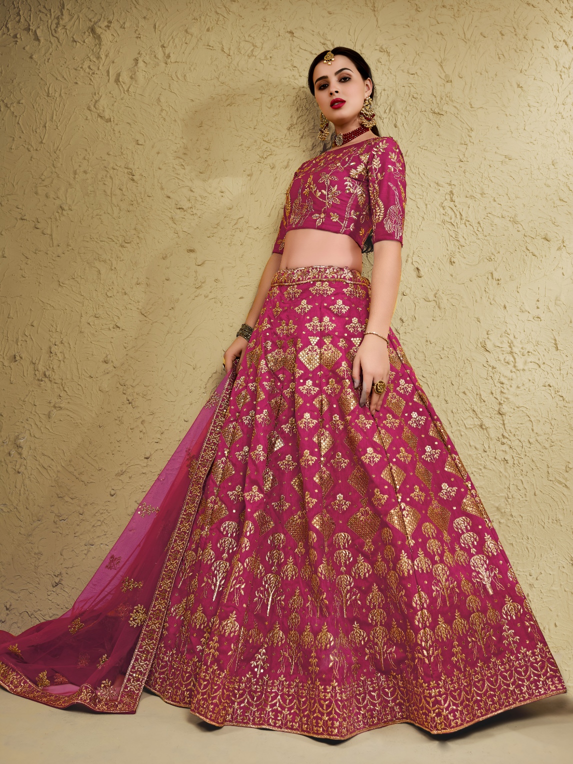 Pink Floral Zari Art Silk Bridal Lehenga Choli