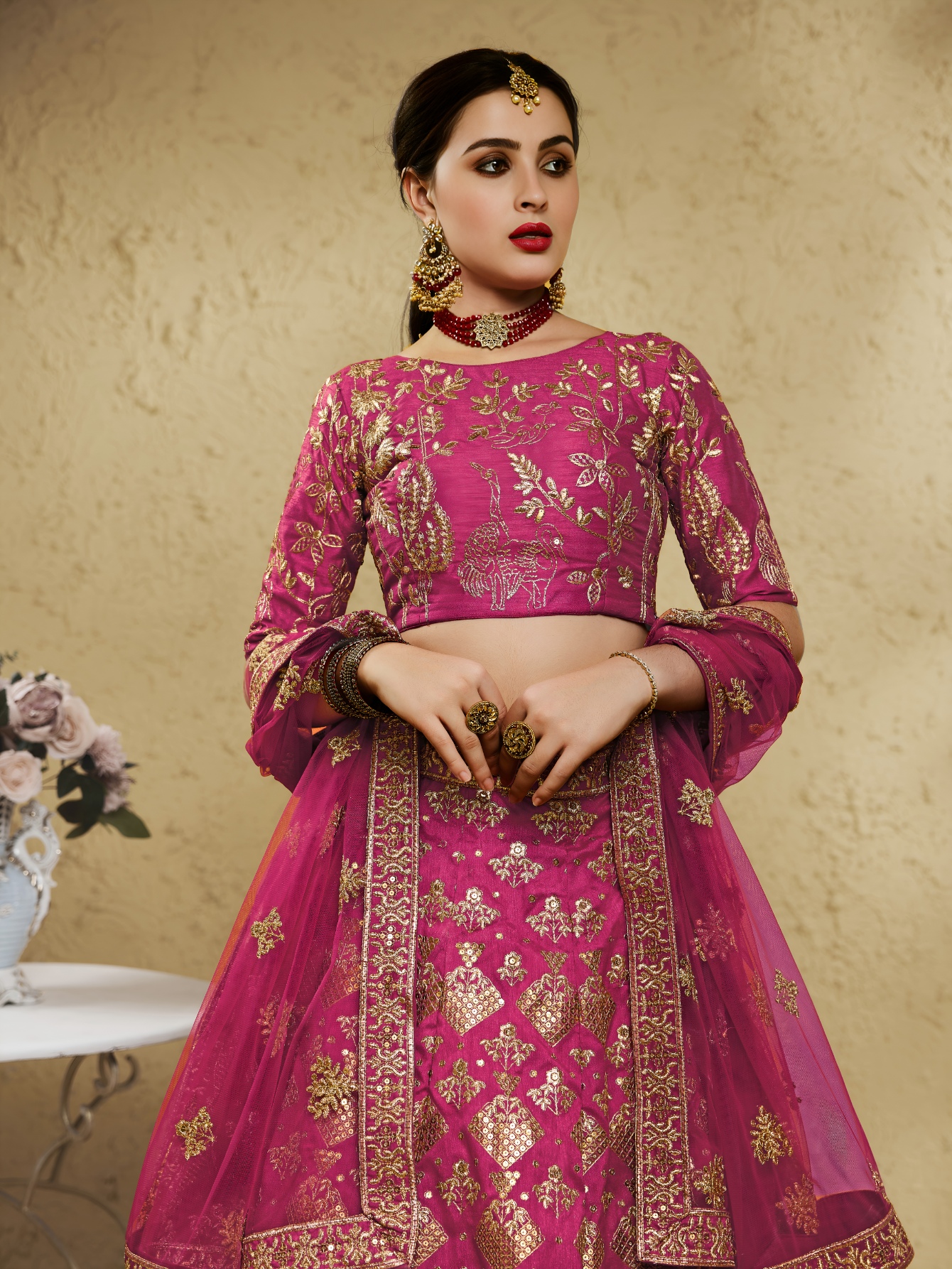 Pink Floral Zari Art Silk Bridal Lehenga Choli