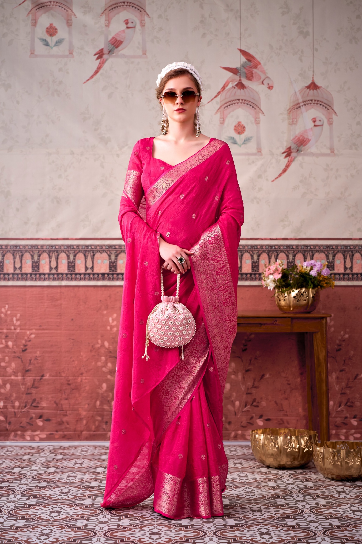 Pink Floral Zari Chinon Saree