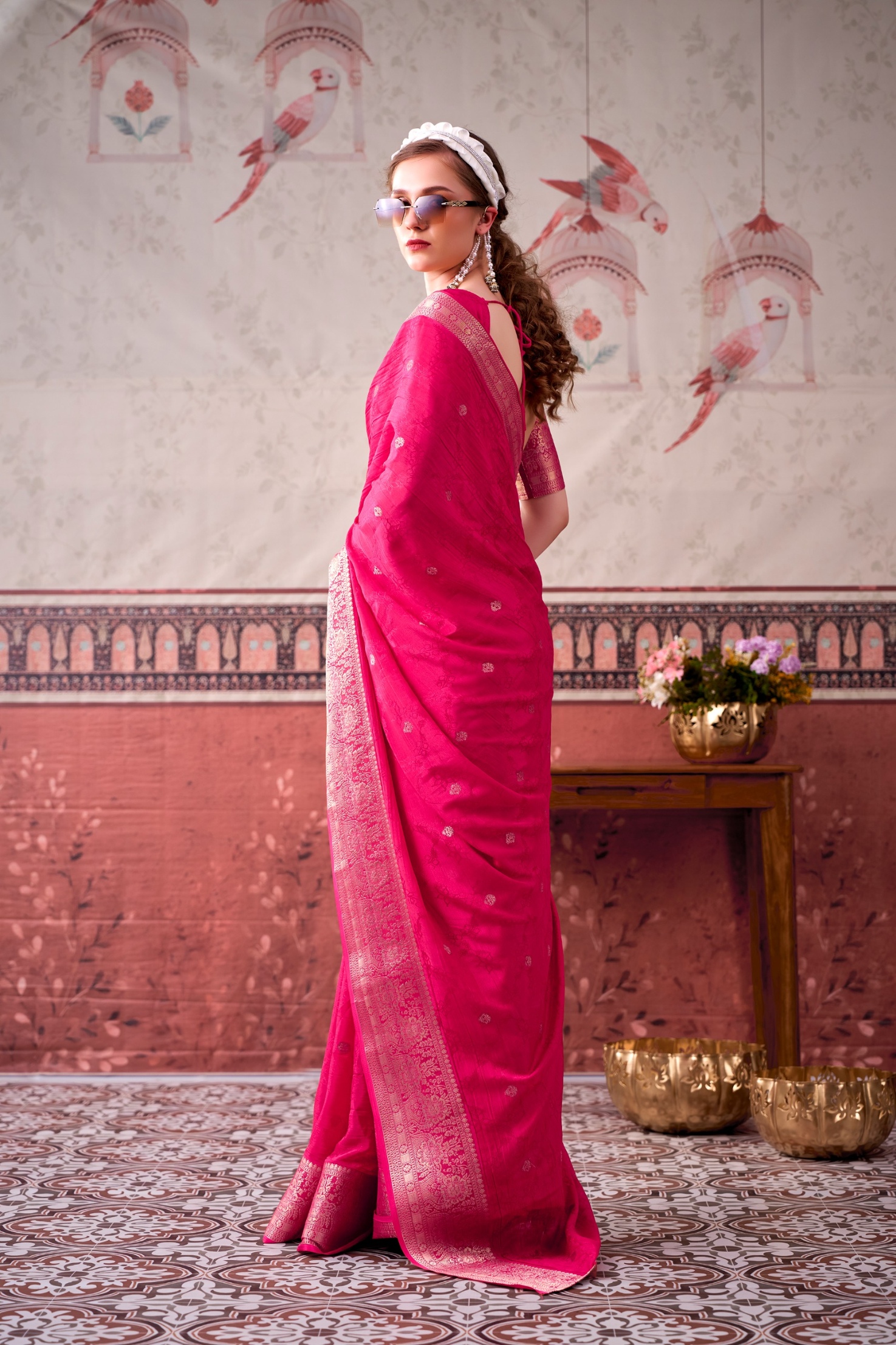 Pink Floral Zari Chinon Saree — alternate view