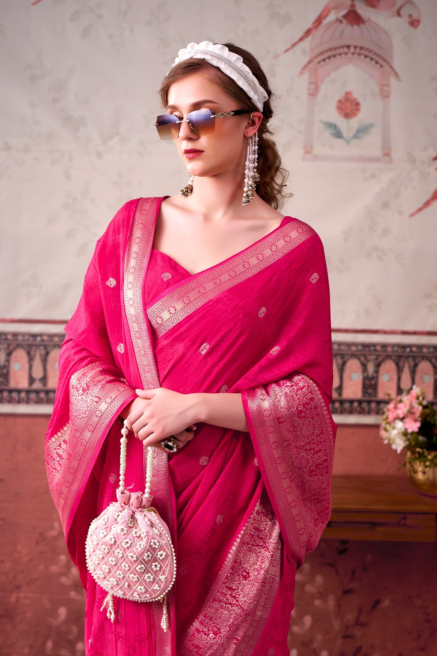 Pink Floral Zari Chinon Saree