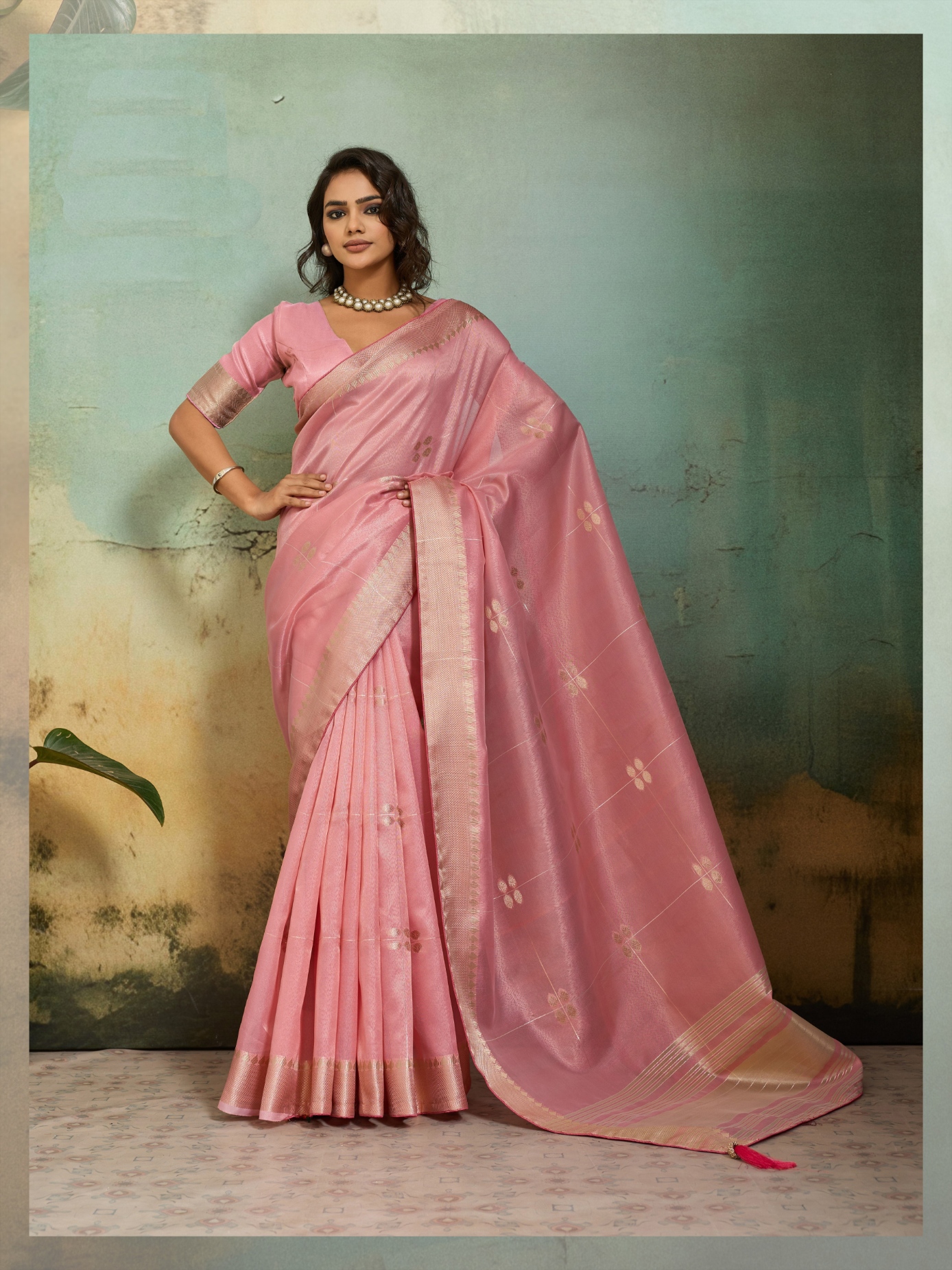 Pink Floral Zari Linen Silk Saree