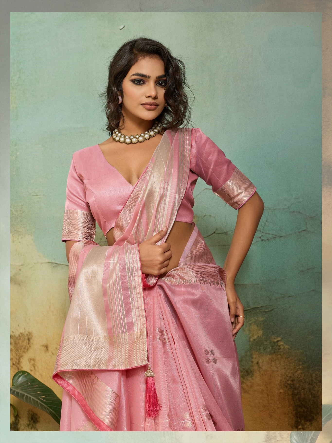 Pink Floral Zari Linen Silk Saree — alternate view