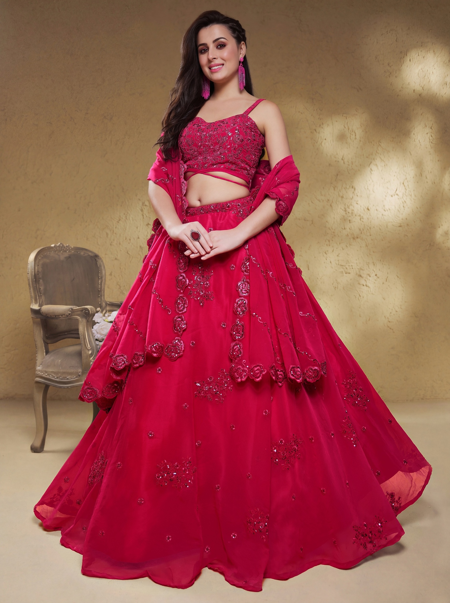 Pink Floral Zari Sequins Georgette Bridal Lehenga Choli