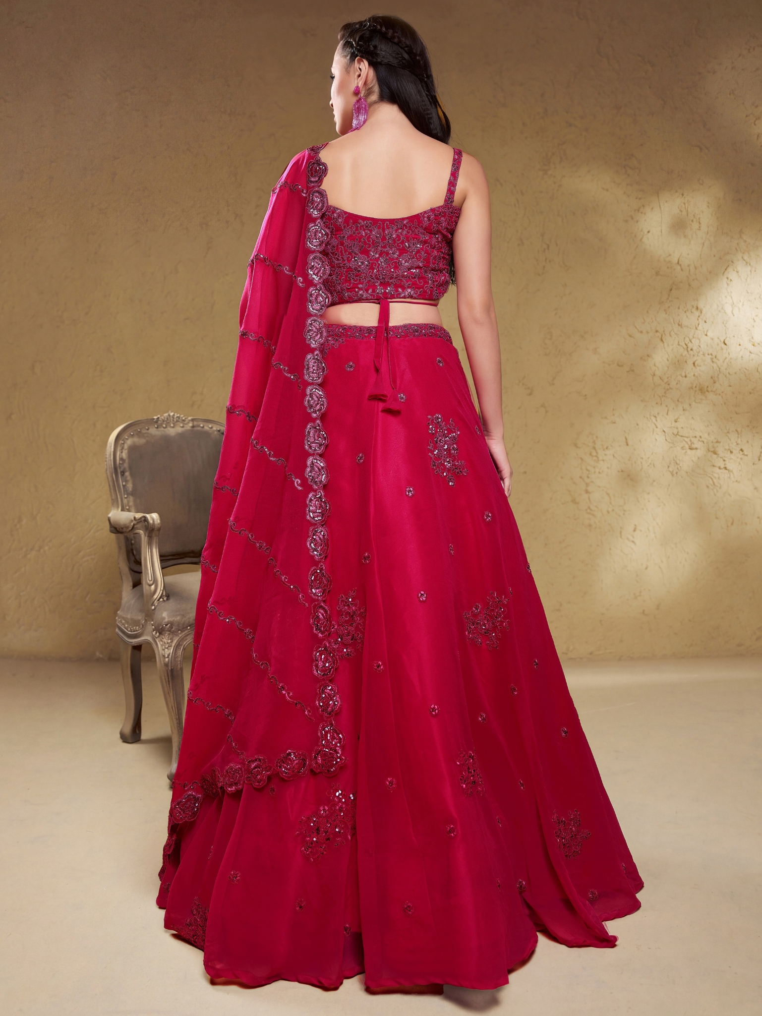 Pink Floral Zari Sequins Georgette Bridal Lehenga Choli — alternate view