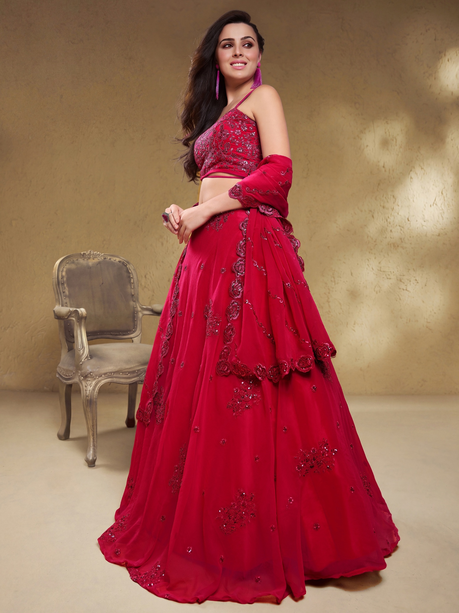 Pink Floral Zari Sequins Georgette Bridal Lehenga Choli