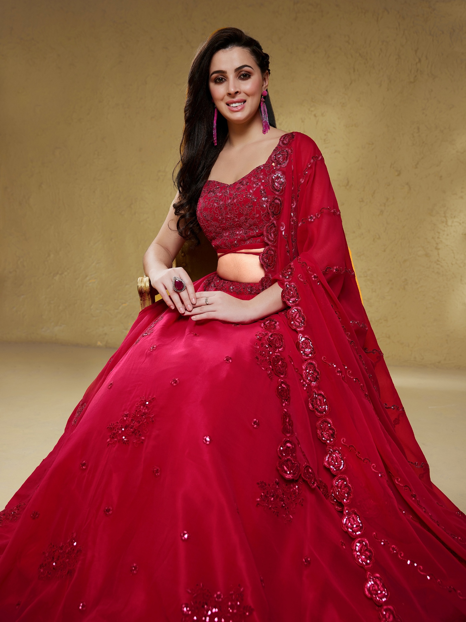 Pink Floral Zari Sequins Georgette Bridal Lehenga Choli