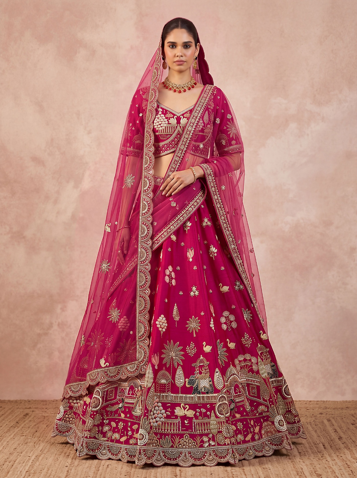 Pink Floral Zari Sequins Silk Bridal Lehenga Choli