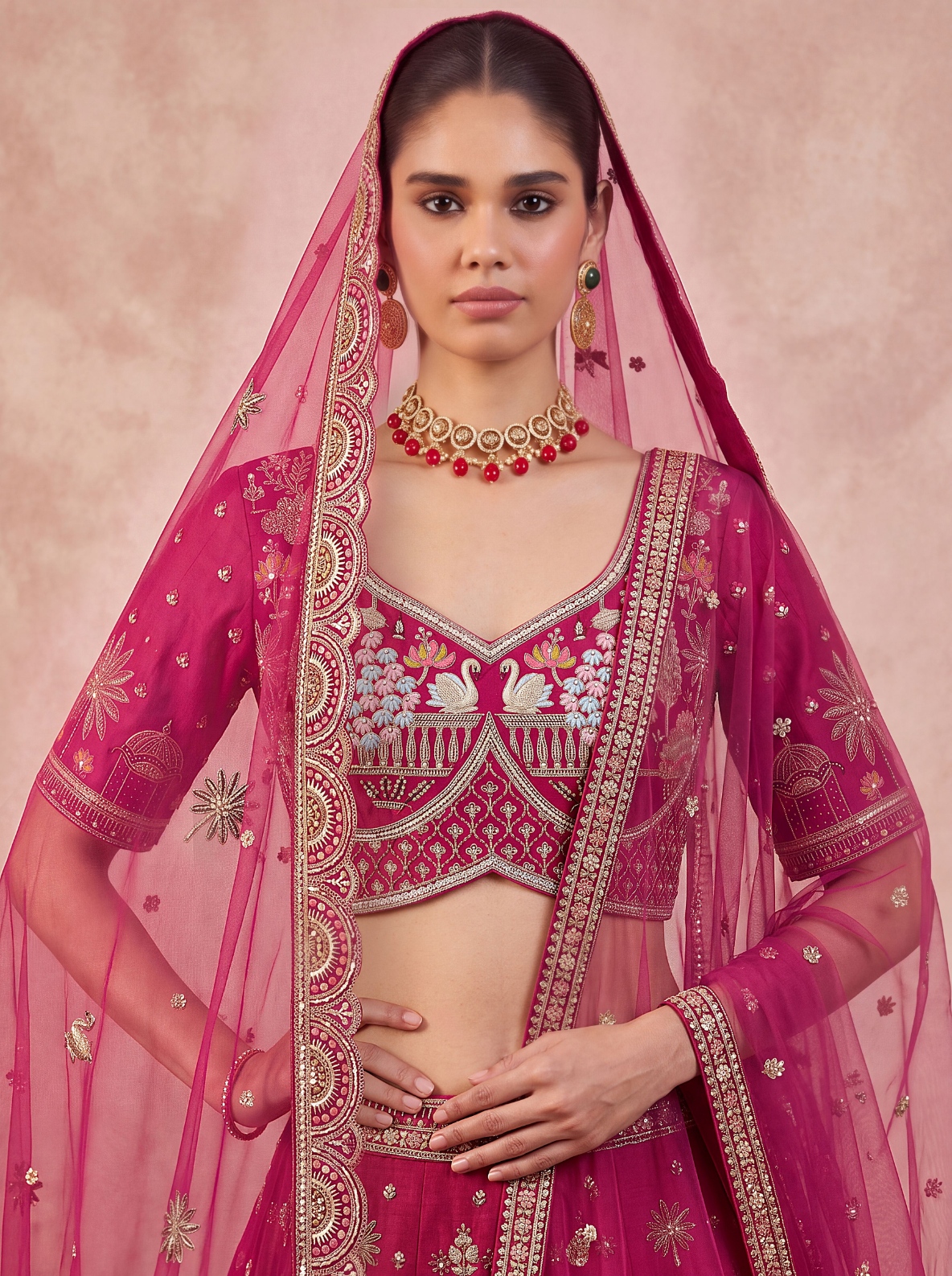Pink Floral Zari Sequins Silk Bridal Lehenga Choli