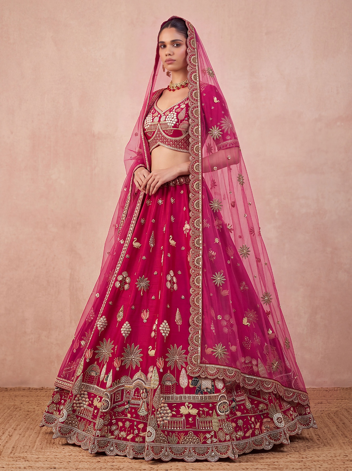 Pink Floral Zari Sequins Silk Bridal Lehenga Choli