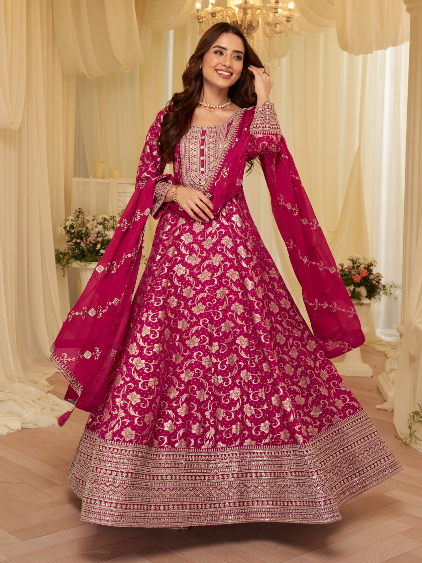 Pink Floral Zari Viscose Anarkali Gown
