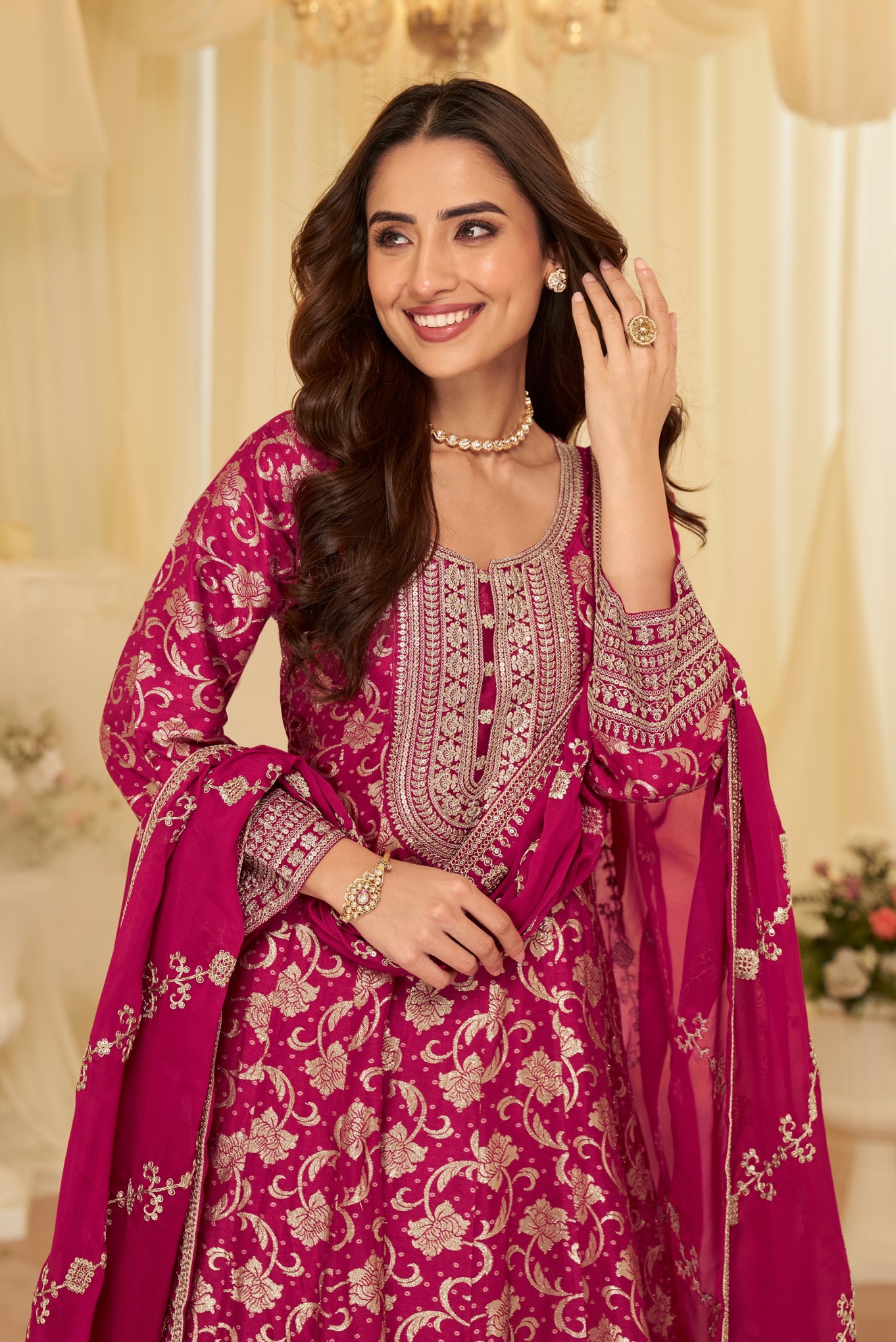 Pink Floral Zari Viscose Anarkali Gown