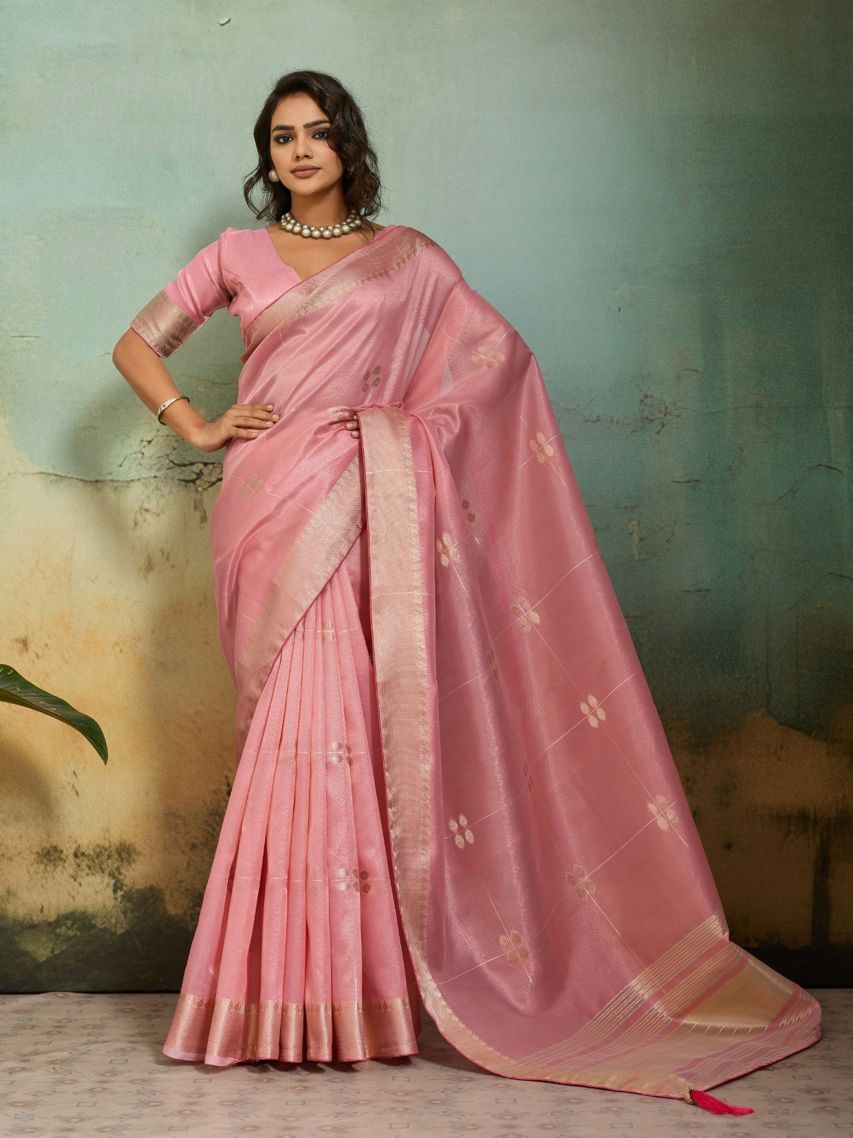 Pink Floral Zari Woven Tissue Linen Saree
