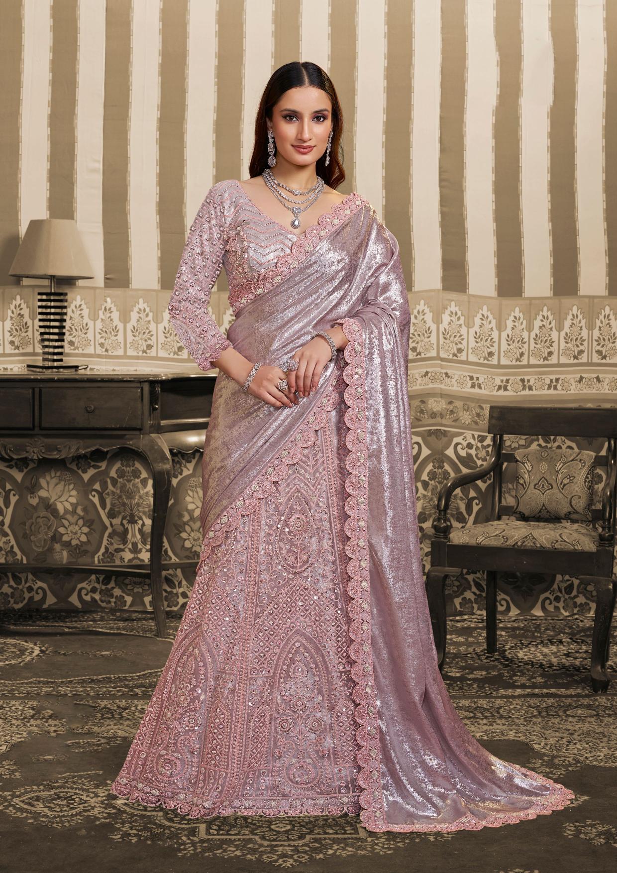 Pink Foil Satin Beads and Sequin Lehenga Style Saree