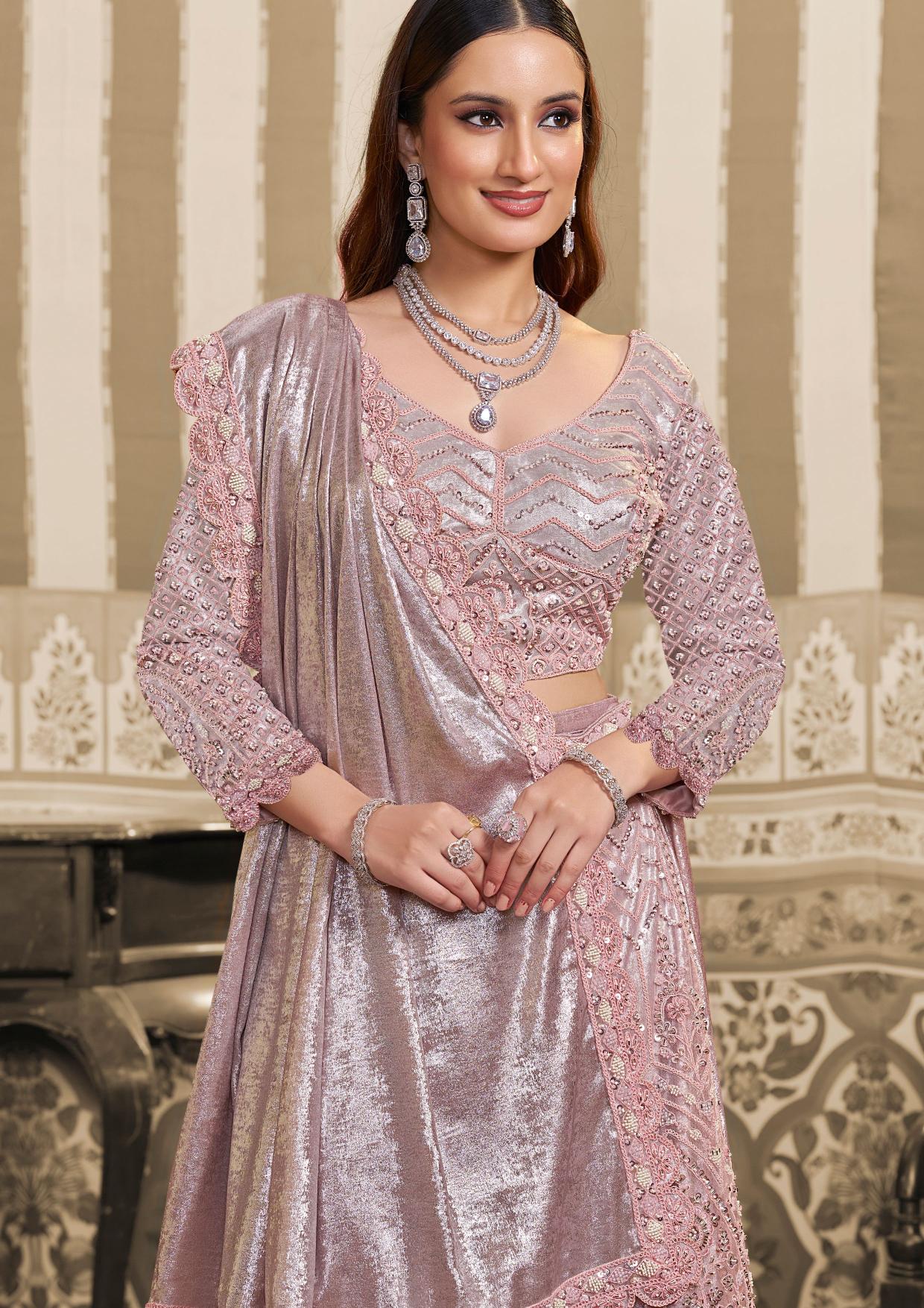 Pink Foil Satin Beads and Sequin Lehenga Style Saree — alternate view