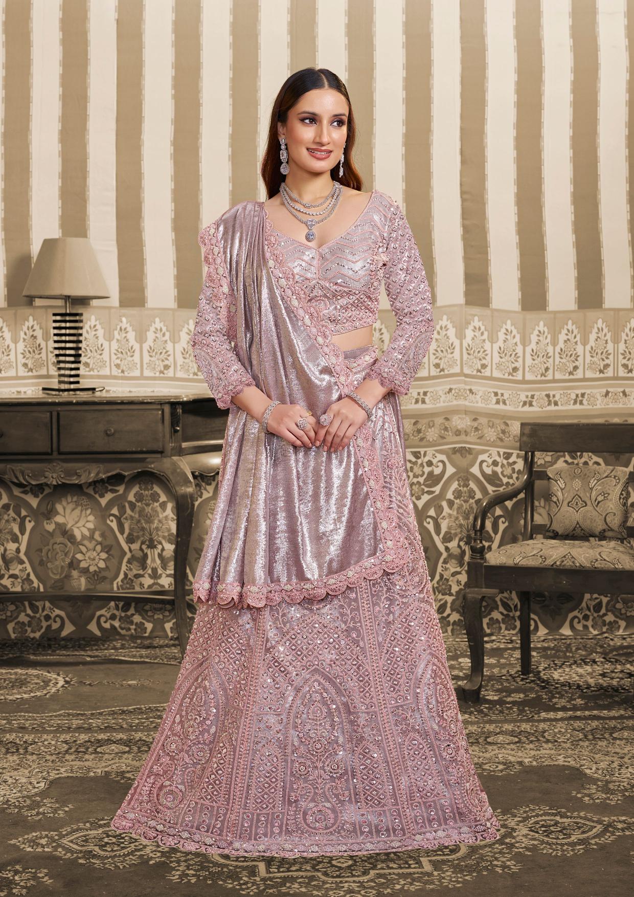 Pink Foil Satin Beads and Sequin Lehenga Style Saree